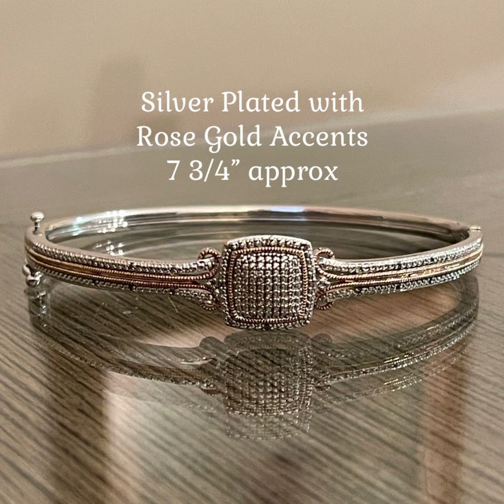 BR SUN Silver Plated Elegant Hinged Bangle Bracelet with Rose Gold Accents